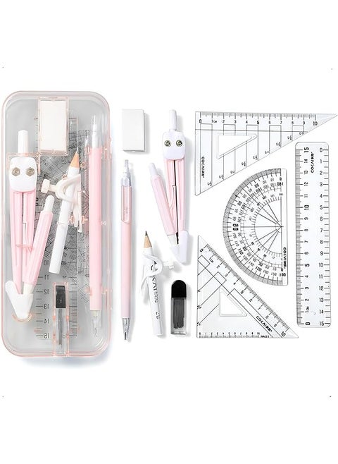 Maths Kit 9 Piece Geometry Drafting Compass Box Set With Protractor Ruler Pencil Lead And Eraser Ideal For Study Drawing And Measuring Geometry Set Maths Compasses For Students