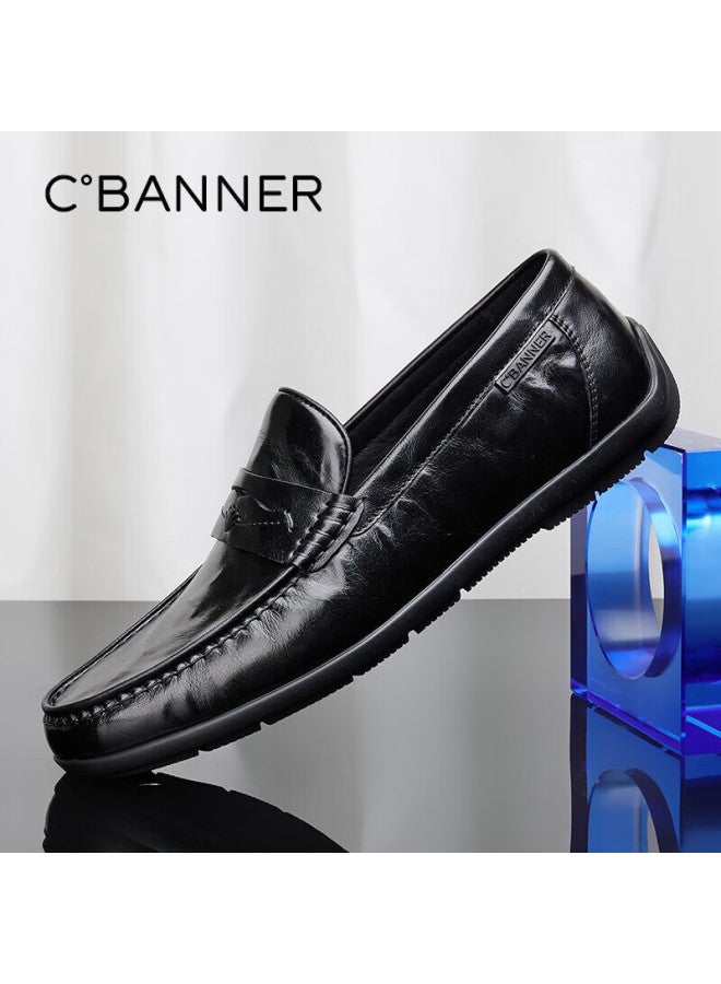 C.banner First Layer Cowhide Men's Loafers Autumn Casual Slip-on Moccasins Black Size 42 - Image 1