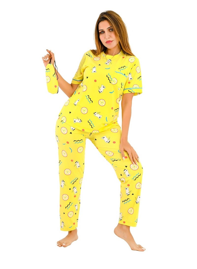 Women's pajama set - a summer wear of 2 pieces - pants and a T-shirt and sleep glasses - patterned with different designs and specially designed to provide comfort and freshness. - Image 1