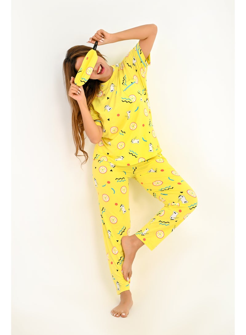 Women's pajama set - a summer wear of 2 pieces - pants and a T-shirt and sleep glasses - patterned with different designs and specially designed to provide comfort and freshness. - Image 2