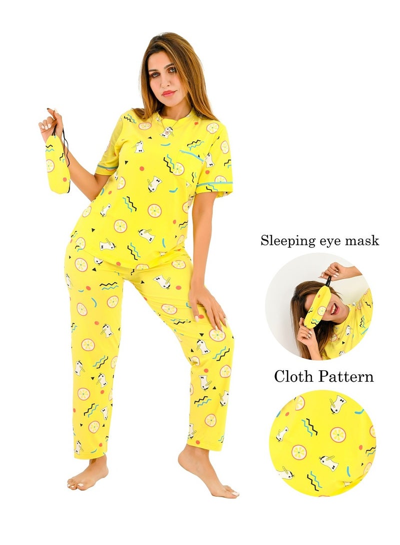 Women's pajama set - a summer wear of 2 pieces - pants and a T-shirt and sleep glasses - patterned with different designs and specially designed to provide comfort and freshness. - Image 4