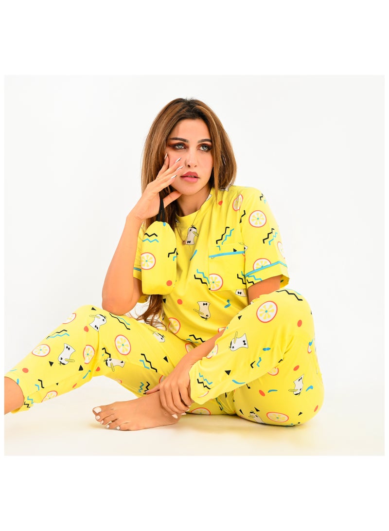 Women's pajama set - a summer wear of 2 pieces - pants and a T-shirt and sleep glasses - patterned with different designs and specially designed to provide comfort and freshness. - Image 3