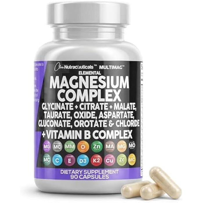 Clean Nutraceuticals كلين نيوتراسيتيكالز ماجنيزيوم كومبلكس مع ماجنيزيوم جليسينات سيتريت ماليت أكسيد تورات أسبارتات أوروتات وماج كلوريد، زنك، نحاس، منغنيز وفيتامين C، B1، B2، B6، B12 كومبلكس - 1باك - Image 1