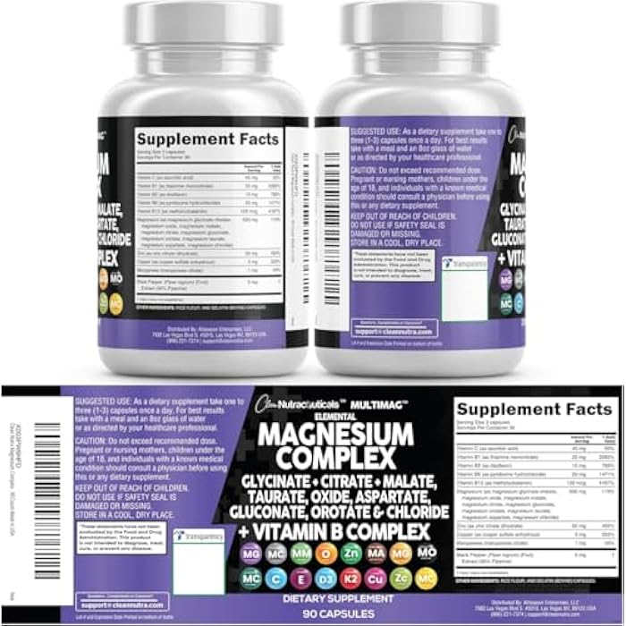 Clean Nutraceuticals كلين نيوتراسيتيكالز ماجنيزيوم كومبلكس مع ماجنيزيوم جليسينات سيتريت ماليت أكسيد تورات أسبارتات أوروتات وماج كلوريد، زنك، نحاس، منغنيز وفيتامين C، B1، B2، B6، B12 كومبلكس - 1باك - Image 5