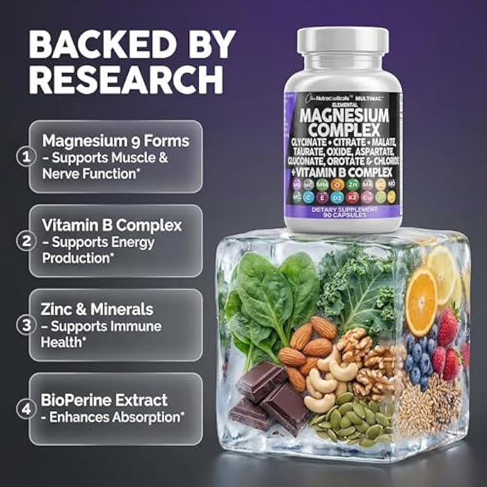 Clean Nutraceuticals كلين نيوتراسيتيكالز ماجنيزيوم كومبلكس مع ماجنيزيوم جليسينات سيتريت ماليت أكسيد تورات أسبارتات أوروتات وماج كلوريد، زنك، نحاس، منغنيز وفيتامين C، B1، B2، B6، B12 كومبلكس - 1باك - Image 3