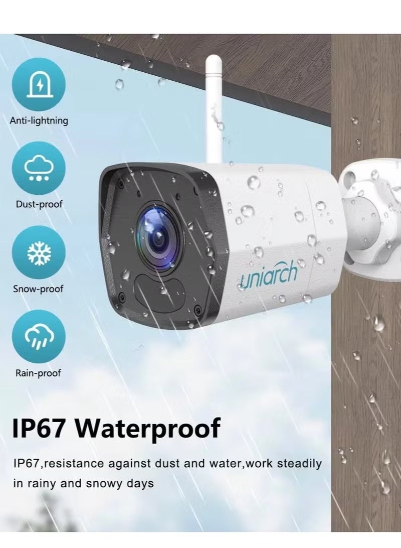 UNIARCH 2MP WiFi Outdoor Security Camera | IP67 Waterproof CCTV Surveillance | CMOS Sensor, 120° Wide Viewing Angle, 2mm Lens | Human Detection, Auto Tracking & Motion Alerts | Night Vision Home Security Camera for Android iOS | Cylindrical Plastic Design | Local BNC Audio Output | Compatible with Windows 7/10 - Image 1