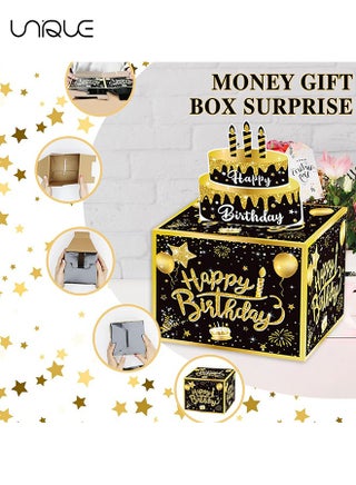 Party Favor Bags, ,Black Gold Surprise Box Gift Box for Money，Happy Birthday Money Gift Box with Pull Out Card, A Fun Way to Present Cash as Gifts (Black) - view 3