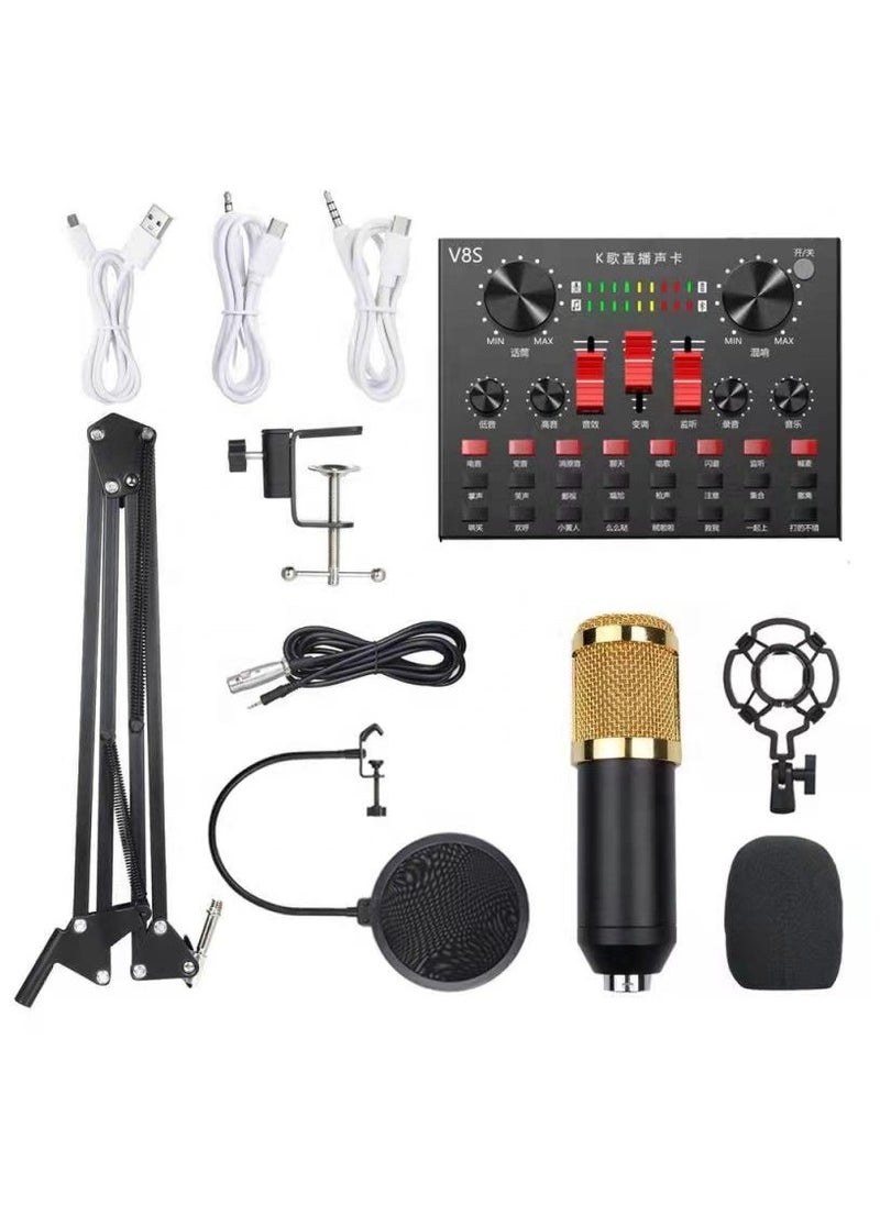 V8s Professional Condenser Microphone With V8S Live Sound Card And Studio Recording Broadcasting Set Black/Gold  - Image 1