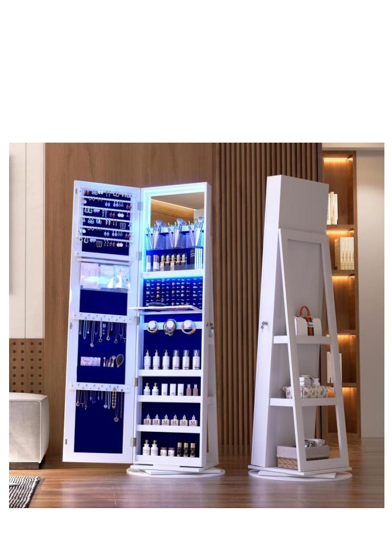 Golden 360° Swivel Jewelry Armoire Cabinet, Full Length Mirror with Jewelry Storage, Standing Jewelry Armoire Organizer with Mirror, Rotatable, Large Capacity (White)  - Image 4