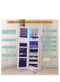Golden 360° Swivel Jewelry Armoire Cabinet, Full Length Mirror with Jewelry Storage, Standing Jewelry Armoire Organizer with Mirror, Rotatable, Large Capacity (White)  - Image 5