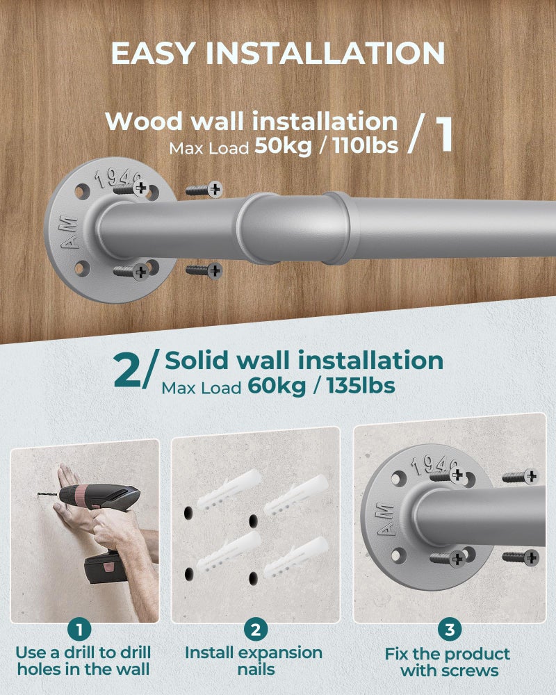 OROPY Industrial Pipe Clothes Rack Wall Mounted Set of 2, 38.4 inches Heavy Duty Iron Pipe Clothing Garment Rail, Multi-Purpose Clothing Hanging Rod for Laundry Room and Closet Storage, Silver Gray - Image 5