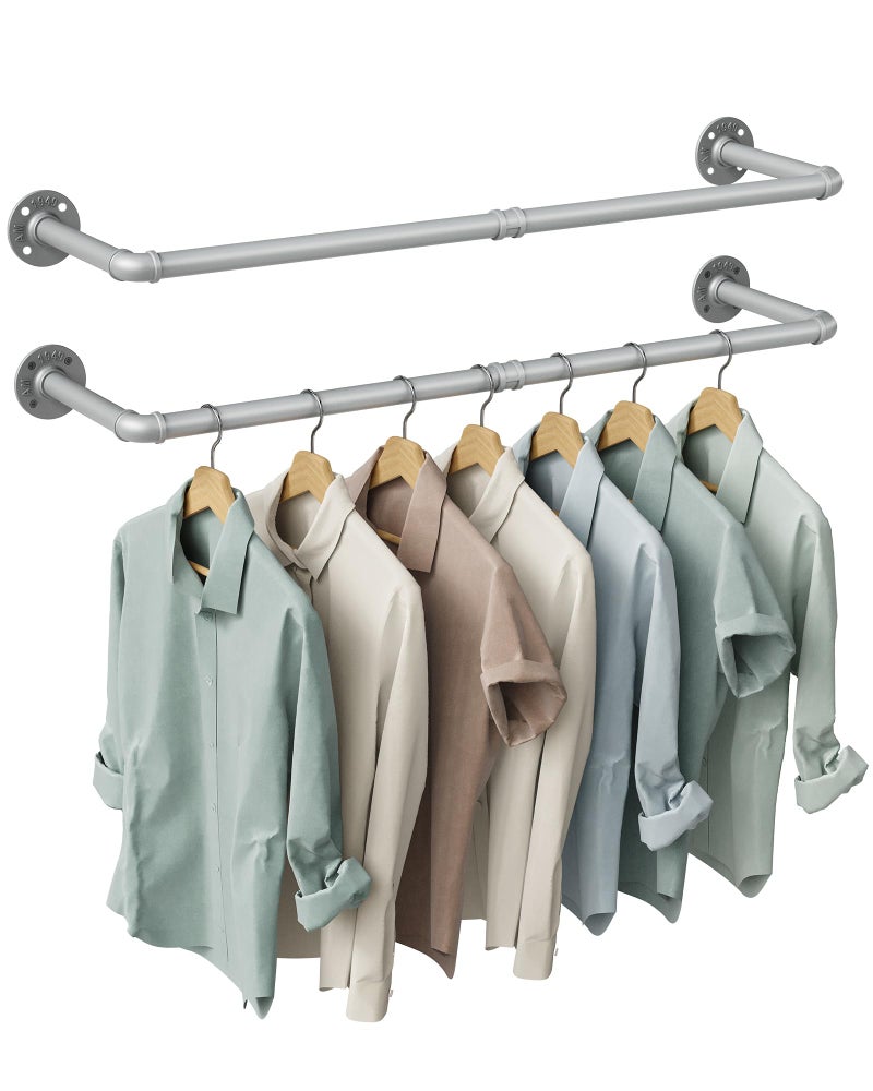 OROPY Industrial Pipe Clothes Rack Wall Mounted Set of 2, 38.4 inches Heavy Duty Iron Pipe Clothing Garment Rail, Multi-Purpose Clothing Hanging Rod for Laundry Room and Closet Storage, Silver Gray - Image 1