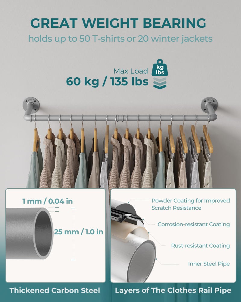 OROPY Industrial Pipe Clothes Rack Wall Mounted Set of 2, 38.4 inches Heavy Duty Iron Pipe Clothing Garment Rail, Multi-Purpose Clothing Hanging Rod for Laundry Room and Closet Storage, Silver Gray - Image 3