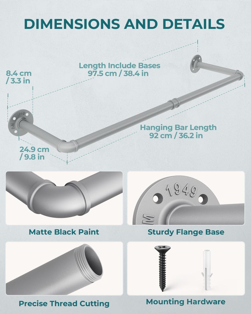 OROPY Industrial Pipe Clothes Rack Wall Mounted Set of 2, 38.4 inches Heavy Duty Iron Pipe Clothing Garment Rail, Multi-Purpose Clothing Hanging Rod for Laundry Room and Closet Storage, Silver Gray - Image 4