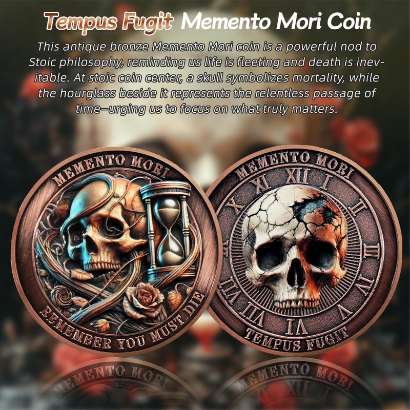 IELCJJ Tempus Fugit Memento Mori Coin - EDC Hourglass Rose Stoic Challenge Coin - Cool Amor Fati Momento Mori Token for Daily Stoic Practice - Inspirational Stoicism Gift for Men Women Pirate First Responder - Image 2