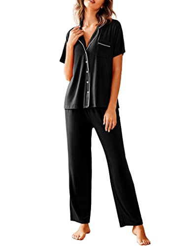 Avidlove Women Pajamas Set Notch Collar Soft Sleepwear Pjs Short Sleeve Button Down Nightwear with Long Pants Black - Image 1