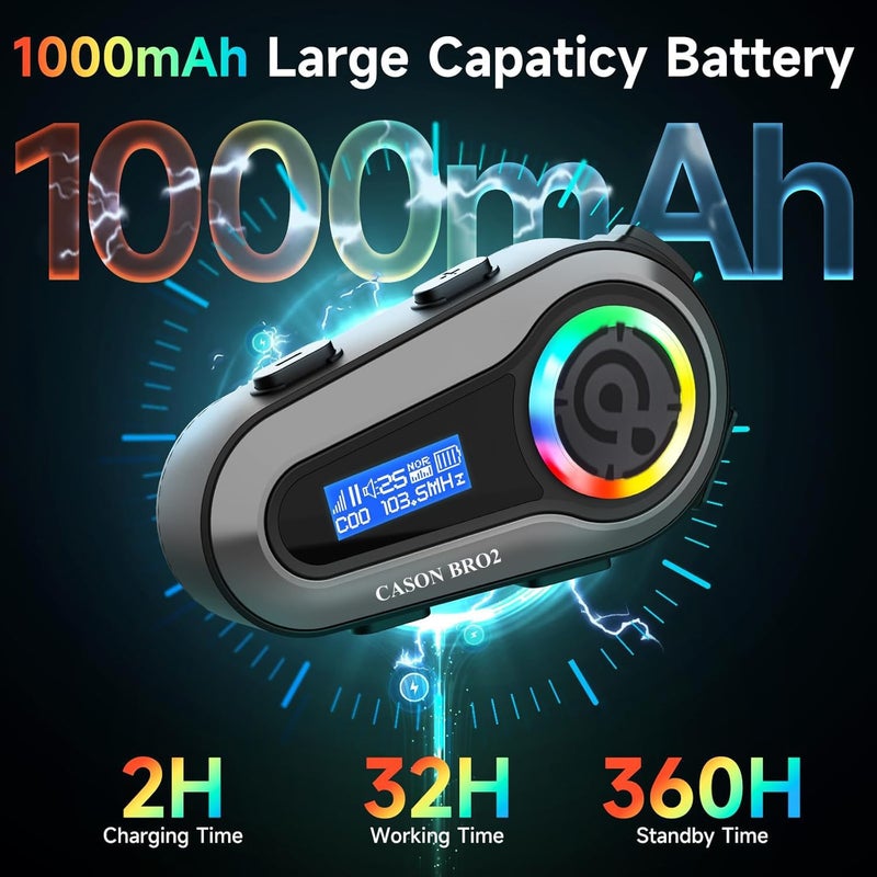 CASON جهاز سماعة بلوتوث مع راديو FM على الأذن مع شاشة LCD و 6 أوضاع صوت، بلوتوث للخوذة، سماعة مع راديو FM/مساعد صوتي AI/مجموعة مقاومة للماء IP67 لجميع الخوذات - Image 5