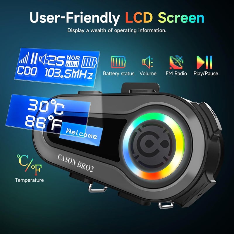 CASON جهاز سماعة بلوتوث مع راديو FM على الأذن مع شاشة LCD و 6 أوضاع صوت، بلوتوث للخوذة، سماعة مع راديو FM/مساعد صوتي AI/مجموعة مقاومة للماء IP67 لجميع الخوذات - Image 2