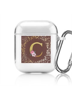 Classic Clear printed Case for Apple Airpods 2 / 1 Soft TPU Gel Thin Transparent Flexible Cover - Custom Monogram Initial Letter Floral Pattern Alphabet - C (Brown )
