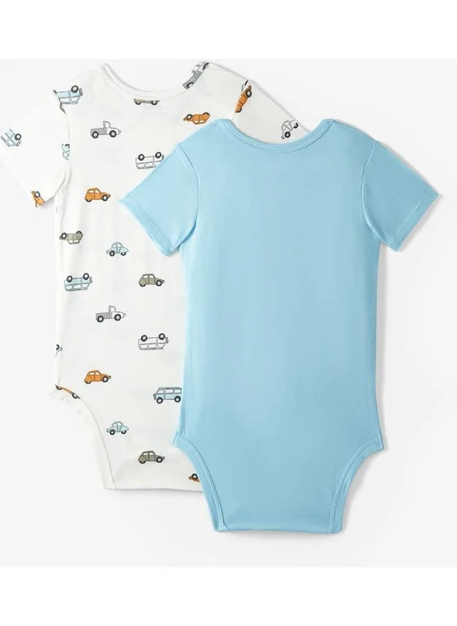 JUNE June Baby Envelope Neck 2-Pack Car Printed Short Sleeve Bodysuit Ecru - Light Blue