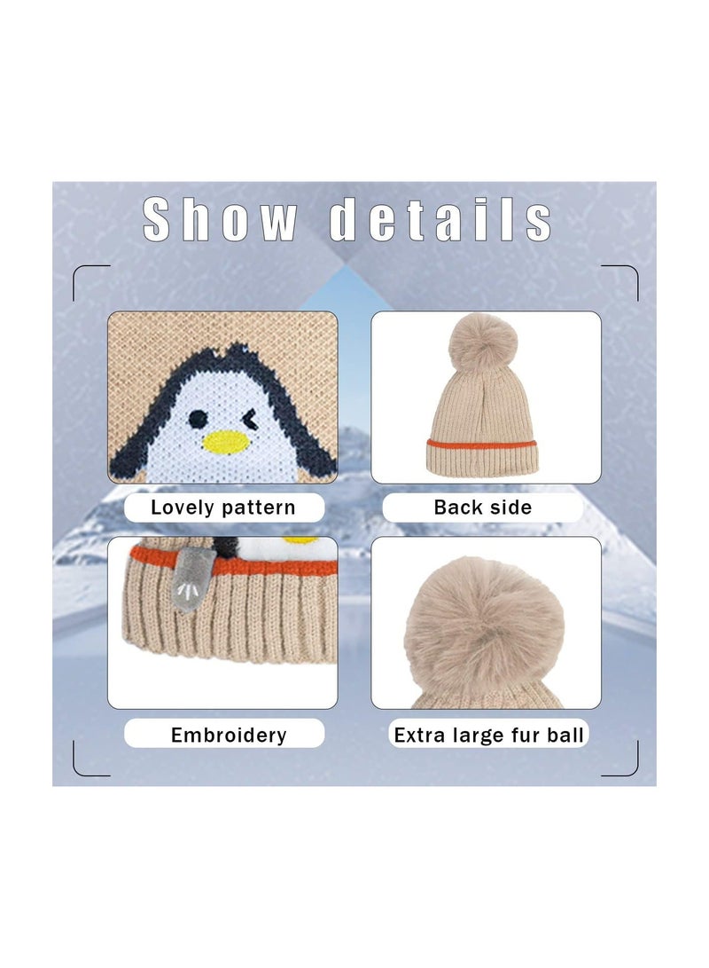Baby Winter Cute Knit Hat, Cartoon Penguin Beanie Hat Knit Caps with Pompom, Fleece Lining Loop Scarves Set for Kids Toddler Boys Girls Outdoor Sport, Khaki  - Image 4