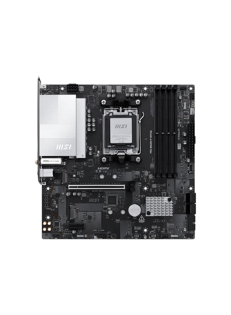 MSI PRO B840M-P Wi-Fi 6E AM5 Micro-ATX Motherboard, AMD B840 Chipset, 4× DDR5 Slots up to 256GB RAM, 1× PCIe 4.0 x16, 2× M.2 PCIe 4.0, 4× SATA 6Gb/s, Wi-Fi 6E, Bluetooth 5.3, 2.5G LAN, USB-C 10Gbps, HDMI 2.1, Realtek 7.1 Audio, TPM 2.0, Flash BIOS, EZ Debug LEDs, Black | 911-7E77-002 - Image 2