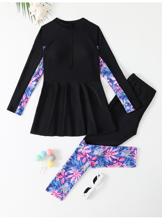 Generic Children's Swimwear Middle East Muslim Conservative Split Two-piece Long Sleeve Trousers Big Girls' Swimwear-Color:Black-Size:160  - Image 1