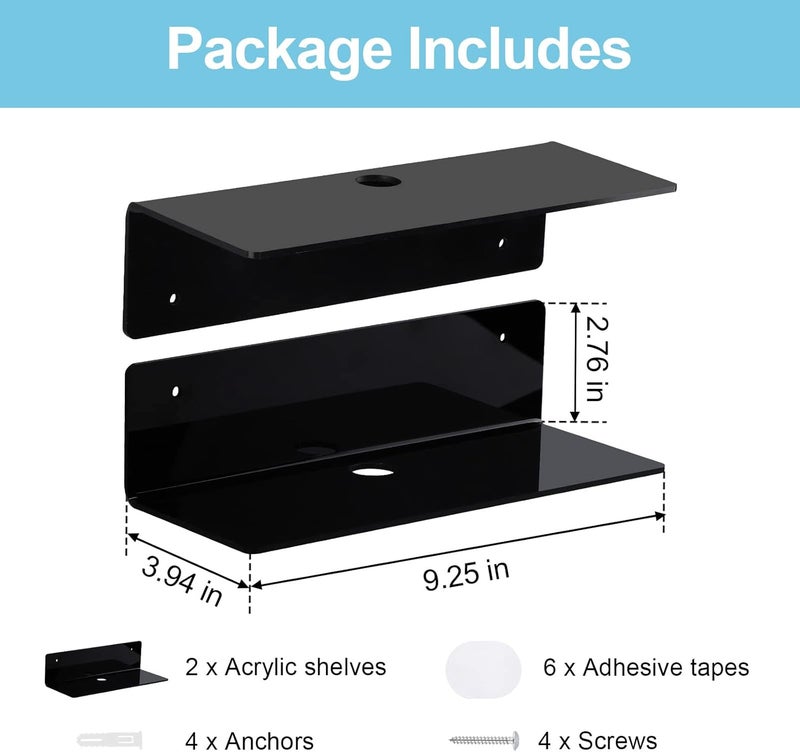 luium 9 Inch Acrylic Floating Shelf No Drill Adhesive Wall Shelf Set of 2 for Funko Pop Storage, Floating Shelves Damage-Free Expand Wall Space for Living Room, Bathroom, Gaming Room, Office - Black - Image 3