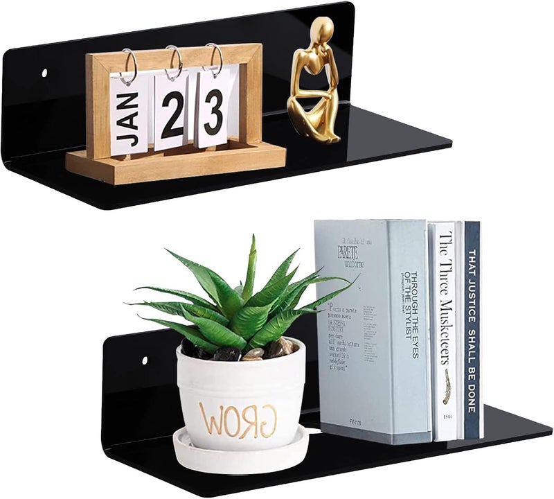 luium 9 Inch Acrylic Floating Shelf No Drill Adhesive Wall Shelf Set of 2 for Funko Pop Storage, Floating Shelves Damage-Free Expand Wall Space for Living Room, Bathroom, Gaming Room, Office - Black - Image 1