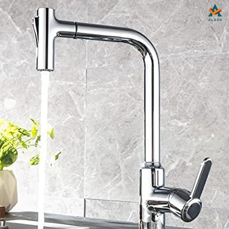 Alark حنفيات مطبخ ألارك مع رشاش قابل للسحب شلال كروم مقبض واحد كلاسيكي من الفولاذ المقاوم للصدأ للمطبخ الخارجي حوض غسيل المرافق بار رطب حنفية لنيكل مصقول عالي السحب - Image 2