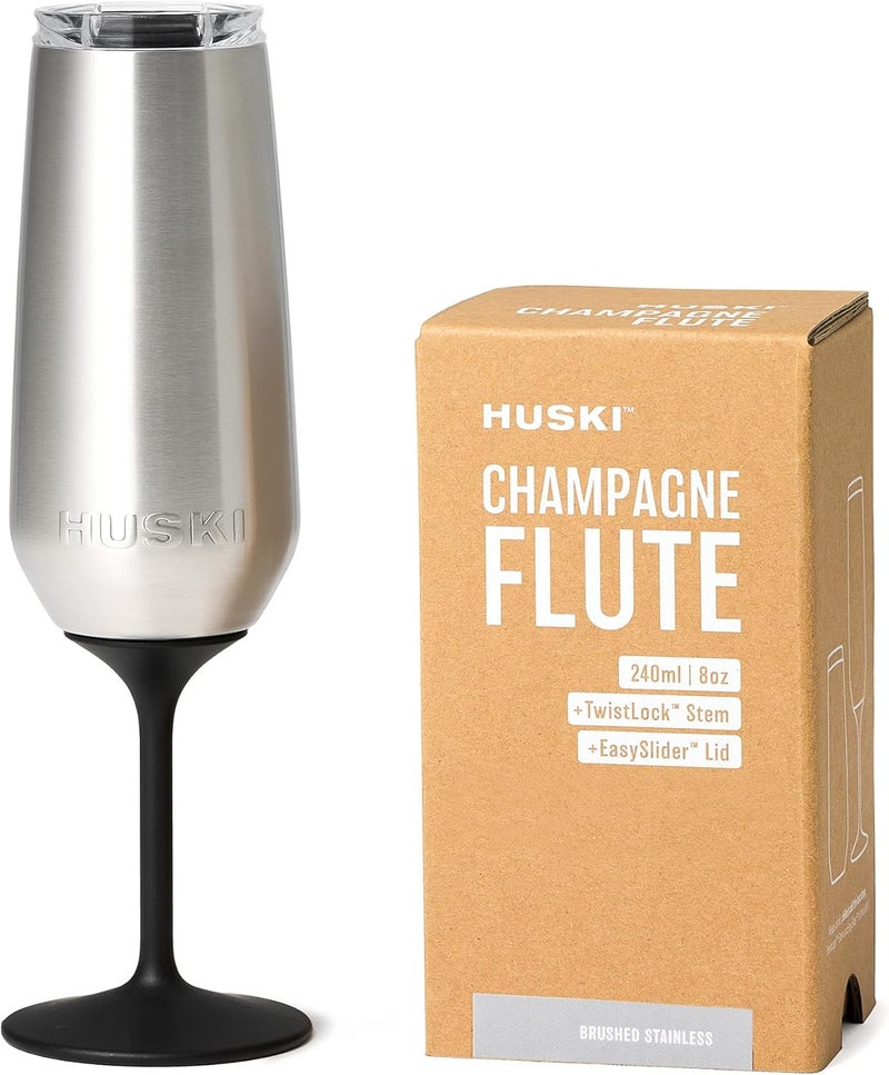 Huski Champagne Flute | NEW | Award-winning Design with Detachable Stem | Premium Stainless Steel Champagne Glass with Lid | Triple Insulated Tumbler | 8oz Capacity | Great Gift (Brushed Stainless) - Image 1