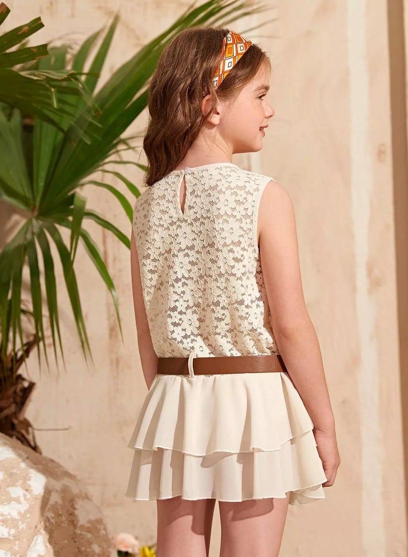 Girls Guipure Lace Ruffle Hem Belted Blouse  - Image 2