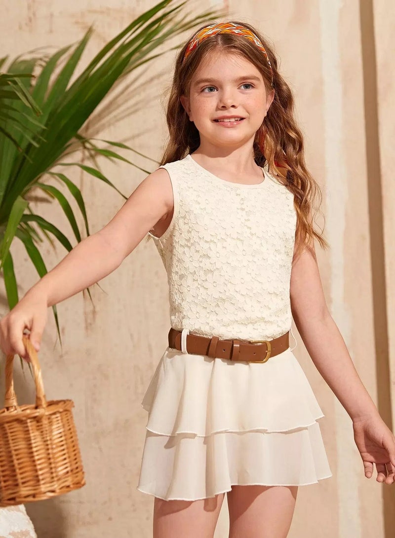 Girls Guipure Lace Ruffle Hem Belted Blouse  - Image 1