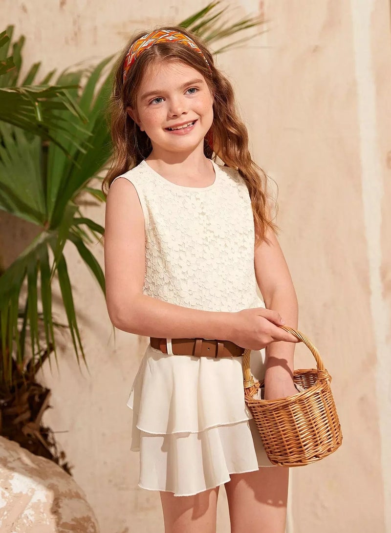 Girls Guipure Lace Ruffle Hem Belted Blouse  - Image 5