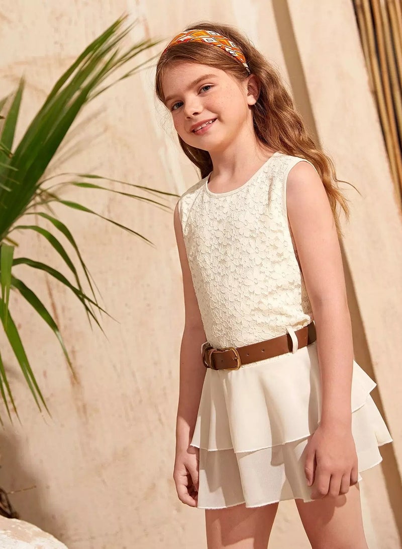 Girls Guipure Lace Ruffle Hem Belted Blouse  - Image 3