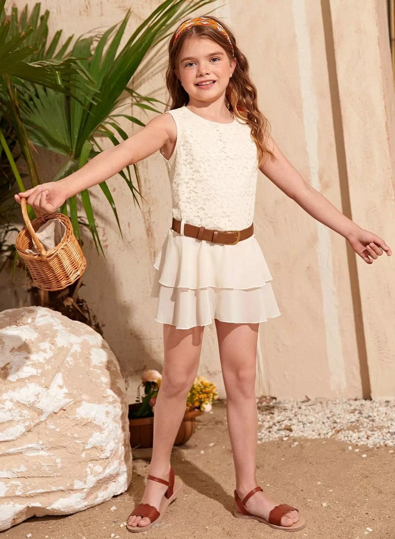 Girls Guipure Lace Ruffle Hem Belted Blouse  - Image 4
