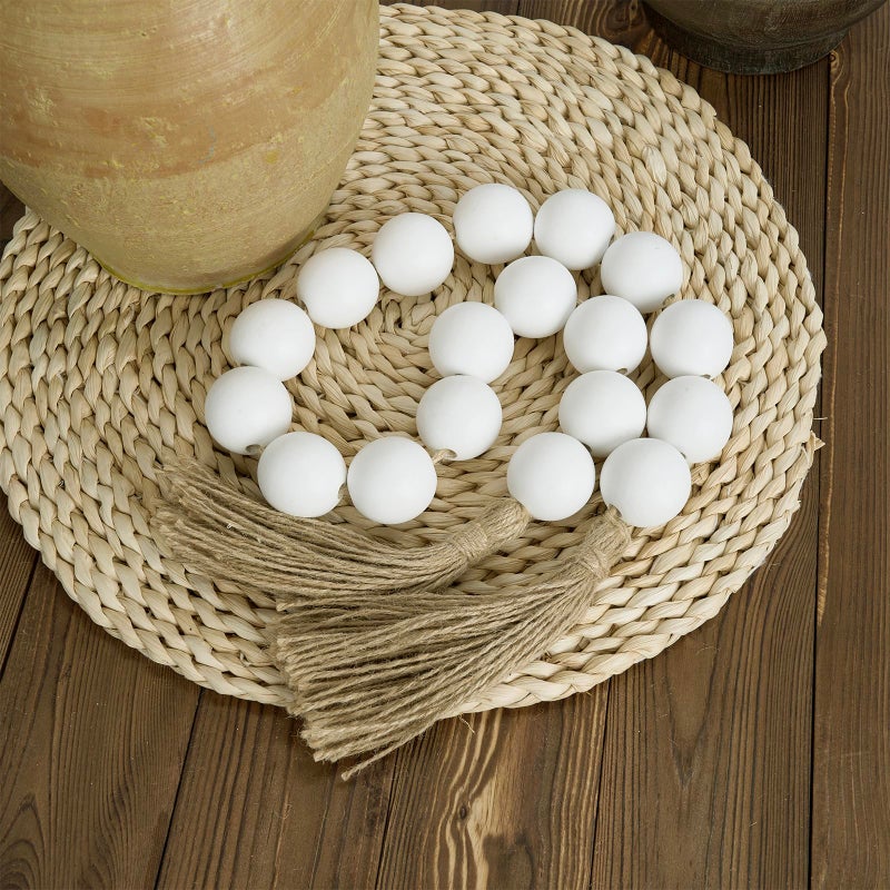 Omishe Large Wood Bead Garland White With 1.6"" Diameter Wooden Beads And Tassels 41"" Long Rustic Farmhouse Country Wood Beads Garland For Home Tiered Tray Decor Decorative Beads Garland White - Image 2