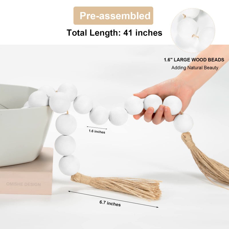 Omishe Large Wood Bead Garland White With 1.6"" Diameter Wooden Beads And Tassels 41"" Long Rustic Farmhouse Country Wood Beads Garland For Home Tiered Tray Decor Decorative Beads Garland White - Image 4