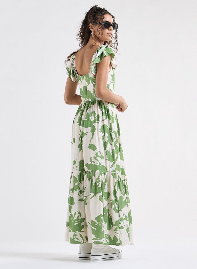 سبلاش فيڤ فستان طويل بياقة سويت هارت وأكمام منفوخة وطبعات - Image 3