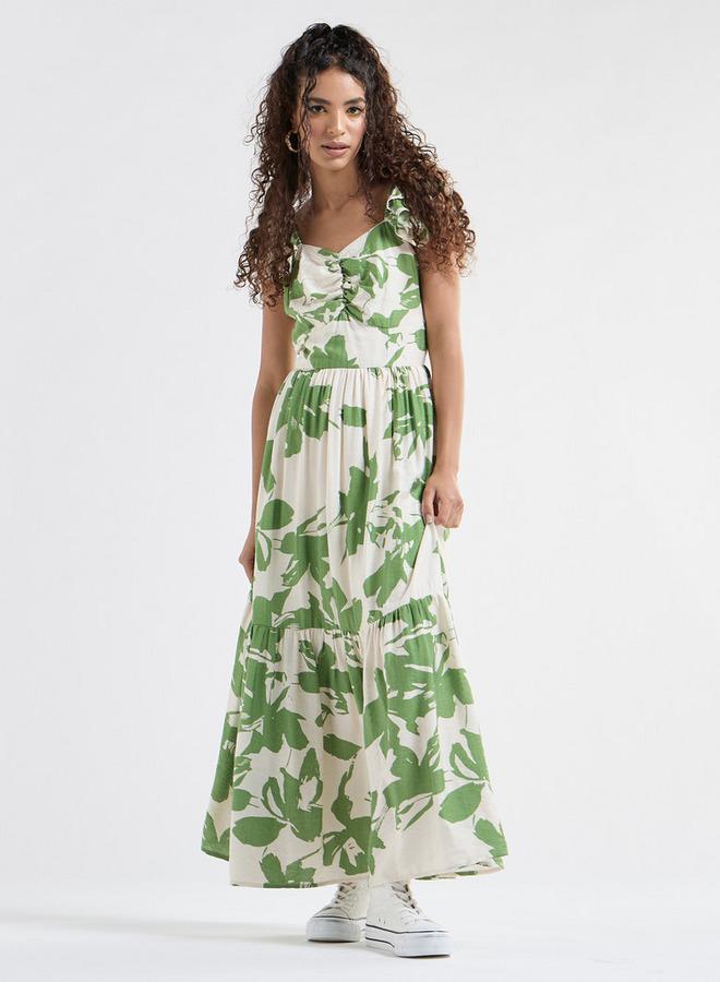 سبلاش فيڤ فستان طويل بياقة سويت هارت وأكمام منفوخة وطبعات - Image 2