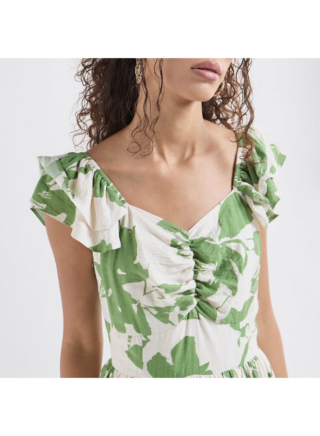 سبلاش فيڤ فستان طويل بياقة سويت هارت وأكمام منفوخة وطبعات - Image 4