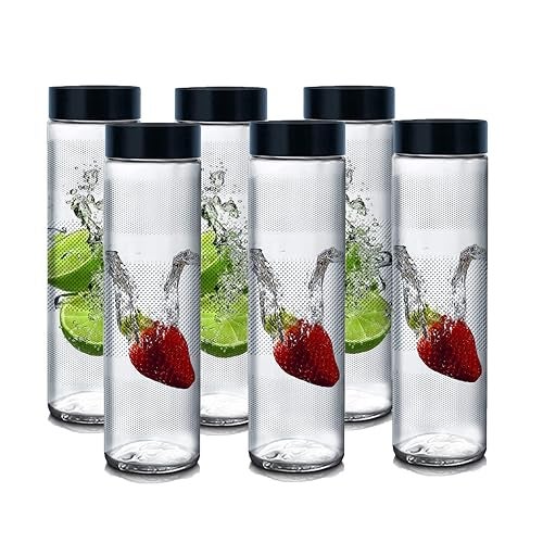 Vency 750ml Set Of 6 Glass Food Grade Airtight Water Bottle with Leak-Proof Black Lid - Water, Smoothie, Juicer and Beverage Glasses - 750ml (Set Of 6) - Image 1