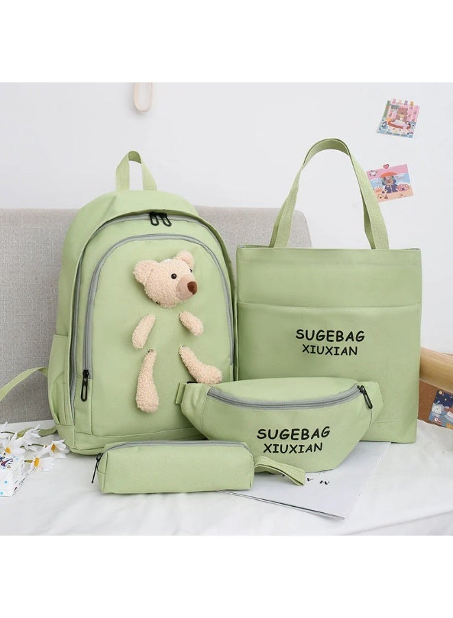 roaiss 4 PCS Casual Doll Kid Backpack Set Cute Bear Sweet Large Capacity Canvas Schoolbag Crossbody Sling Bag Totes Pencil Case for Kids Girls Middle School Students Green - Image 1