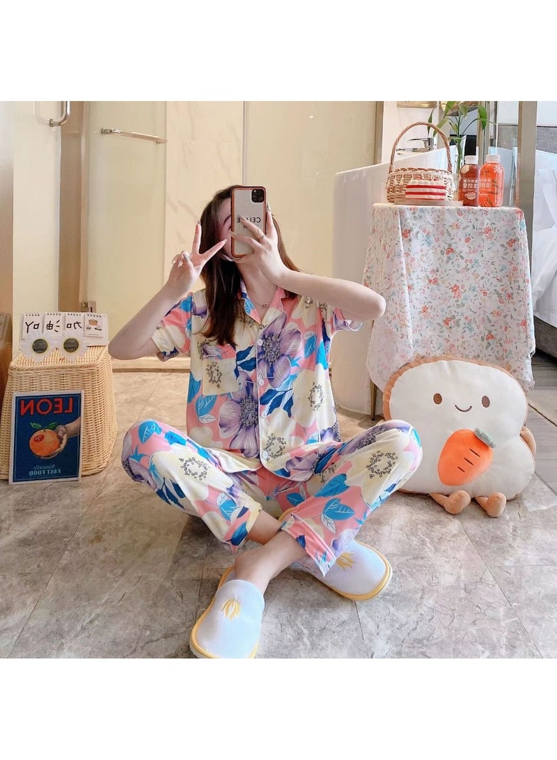 DubaiGallery بدلة بيجامة نسائية ثلاثية القطع قصيرة الأكمام جديدة للصيف مع شورت وسروال كرتوني لطيف، سترة رقيقة للفتيات، ملابس منزلية