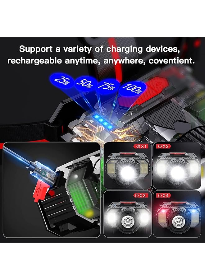 X spring Rechargeable LED Headlamp Adjustable Angle Headlight with Motion Sensor Switch and Blue Red Strobe Sos Lights Waterproof Headlamp for Camping Running Fishing Hunting Ect (Black) - Image 5