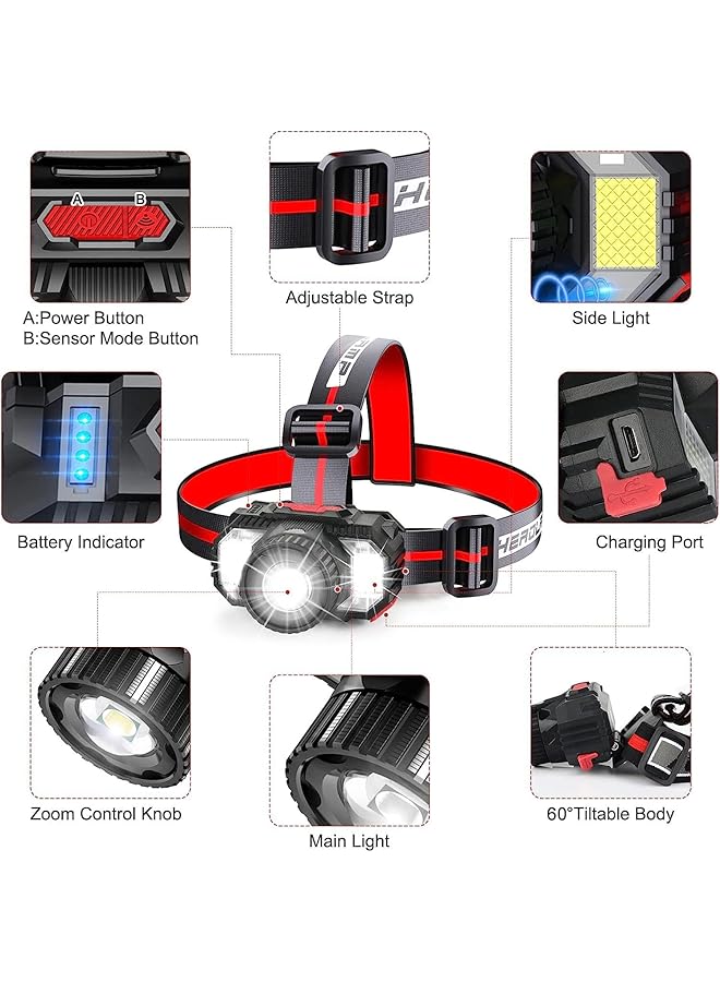 X spring Rechargeable LED Headlamp Adjustable Angle Headlight with Motion Sensor Switch and Blue Red Strobe Sos Lights Waterproof Headlamp for Camping Running Fishing Hunting Ect (Black) - Image 2