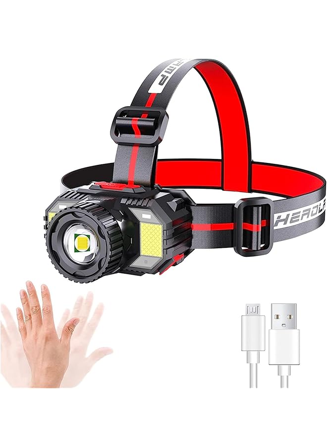 X spring Rechargeable LED Headlamp Adjustable Angle Headlight with Motion Sensor Switch and Blue Red Strobe Sos Lights Waterproof Headlamp for Camping Running Fishing Hunting Ect (Black) - Image 1