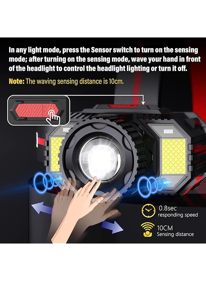X spring Rechargeable LED Headlamp Adjustable Angle Headlight with Motion Sensor Switch and Blue Red Strobe Sos Lights Waterproof Headlamp for Camping Running Fishing Hunting Ect (Black) - Image 4