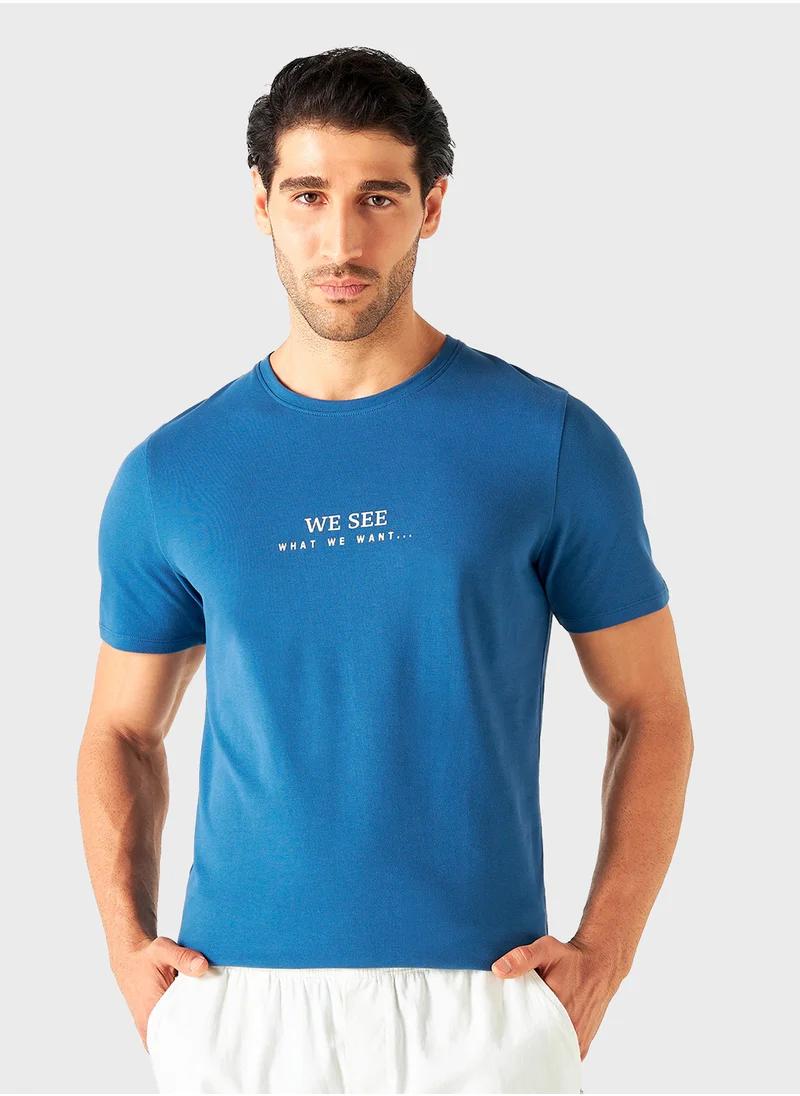 ايكونيك Iconic Slogan Print Crew Neck T-shirt with Short S