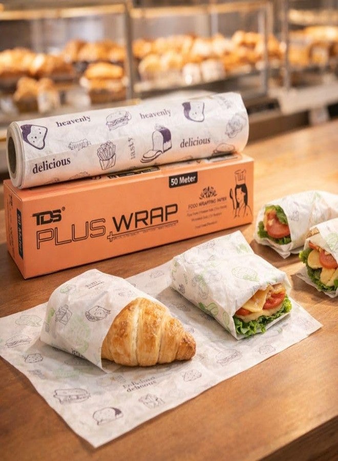 TDS PLUS WRAP ورق تغليف طعام بني مطبوع مقاوم للدهون من تي دي إس بلس، لفة 50 متر | ورق صالح للطعام، مقاوم للزيوت والشحوم، آمن للاستخدام في الميكروويف وقابل للتحلل الحيوي، مناسب للبرغر والسندويشات والوجبات الخفيفة والمخبوزات - Image 3